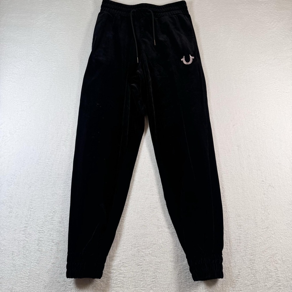 True Religion Pants Womens Small Black Velour Jogger Elastic Waist Cuffed Logo